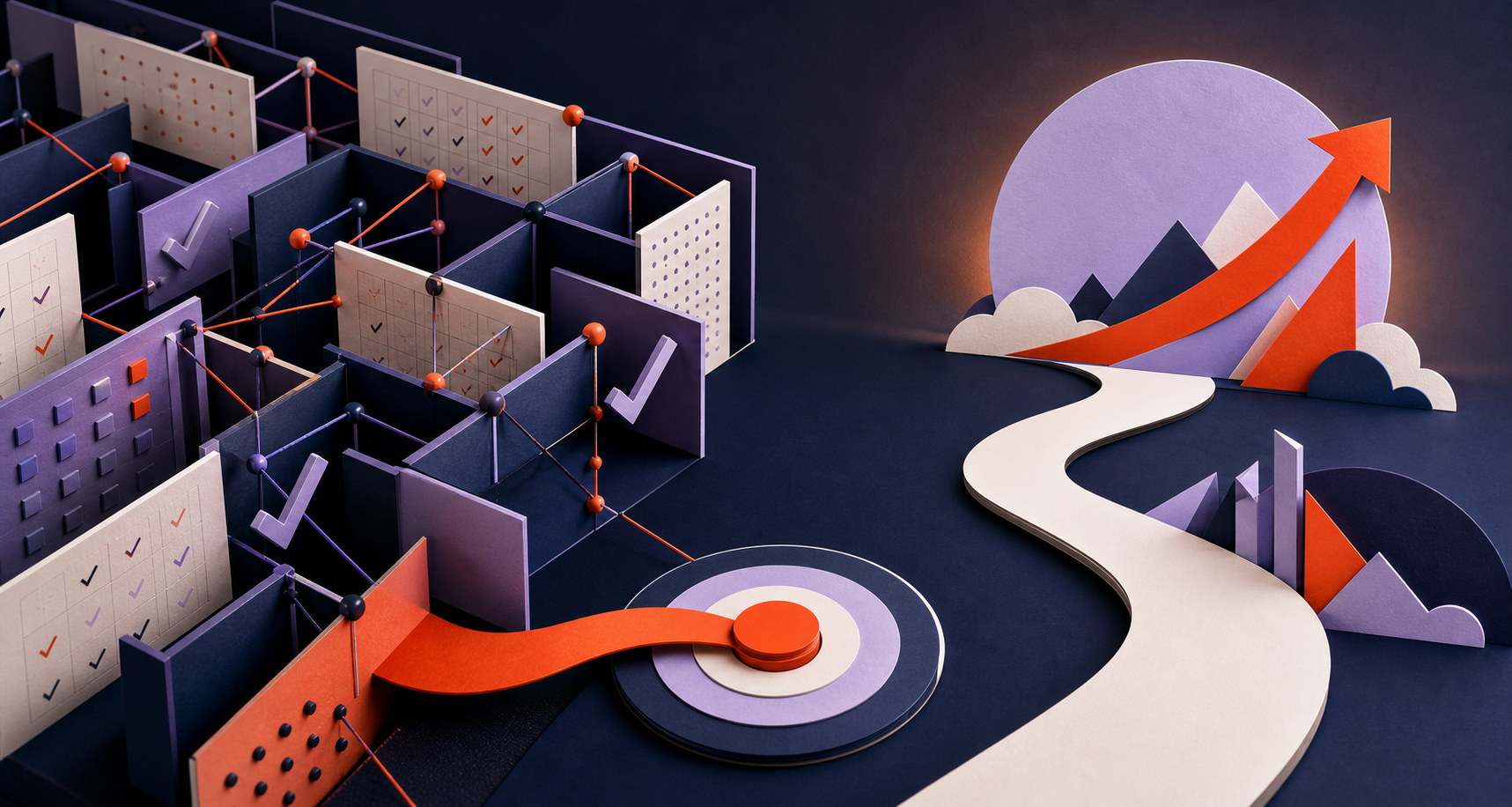 Abstract editorial illustration contrasting an over-engineered pitch process with a clear path to growth