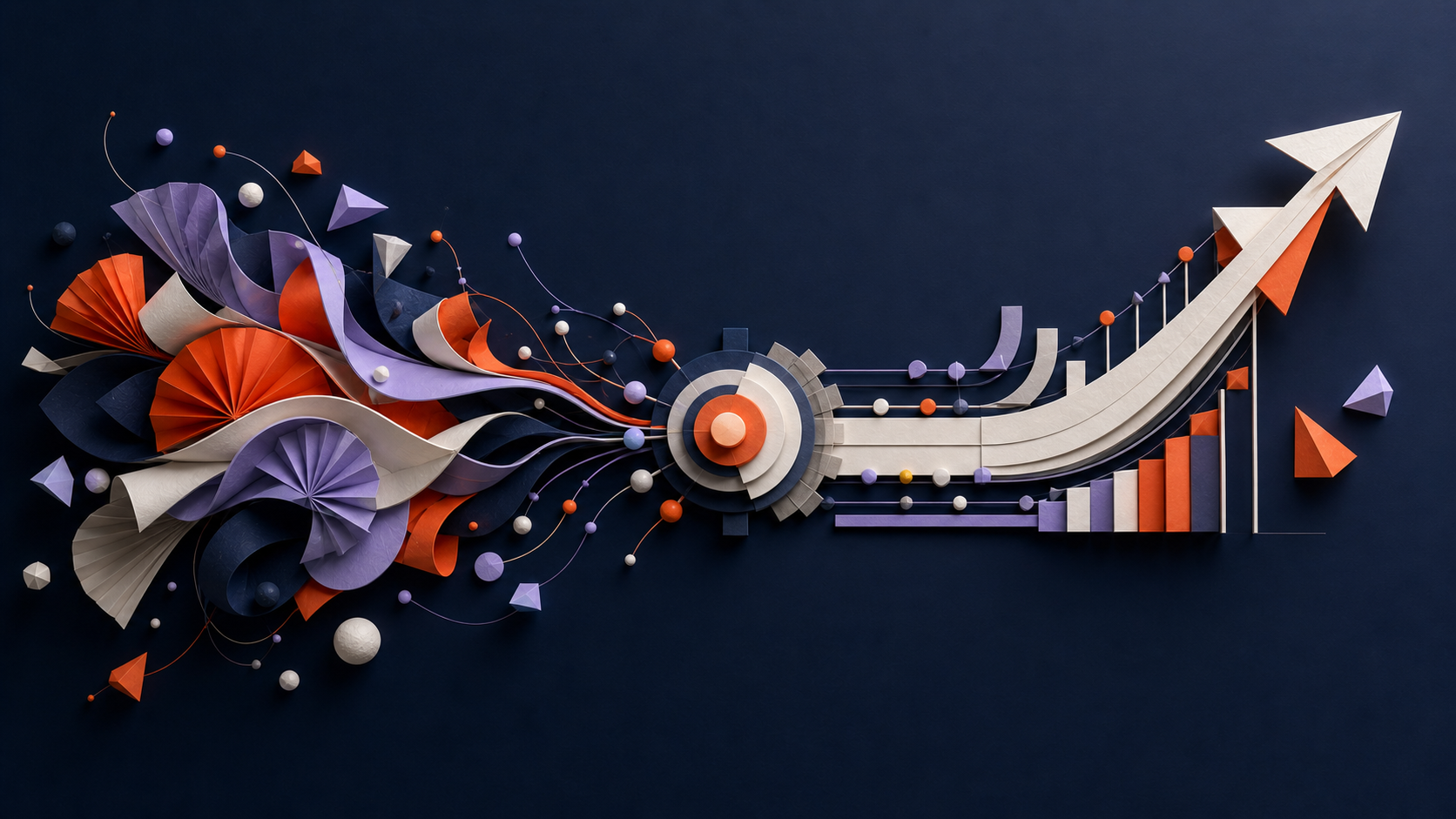 Abstract paper-cut illustration of brand and performance pathways converging into one growth system