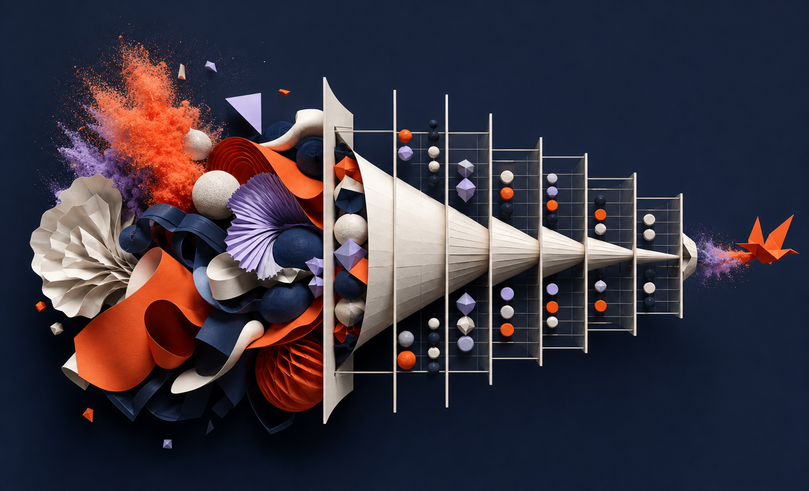 Abstract editorial illustration of creativity being compressed by an optimization system