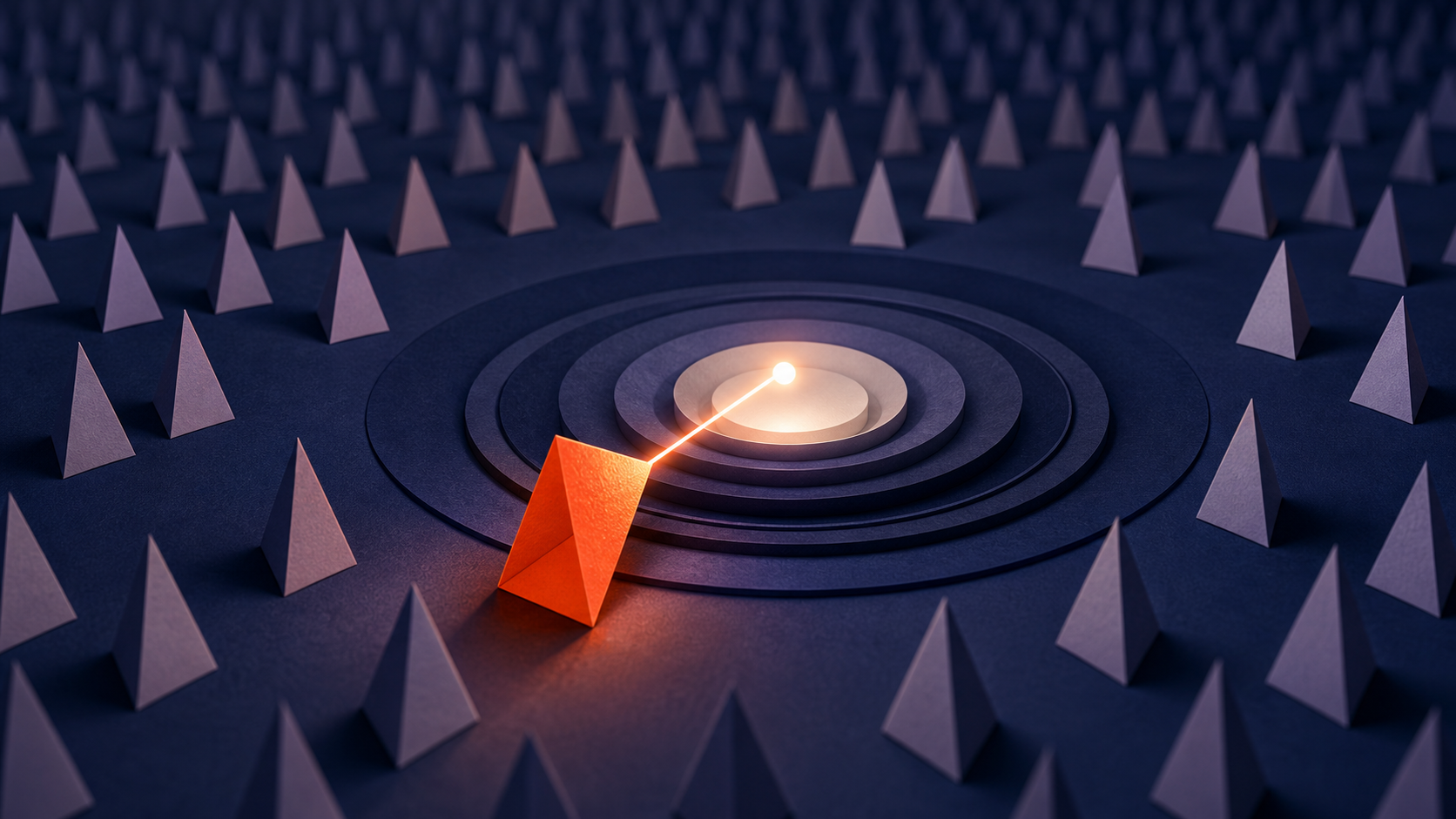 Abstract editorial illustration of one relevant signal earning attention among many impressions